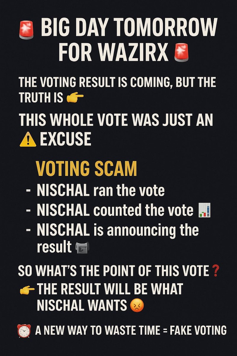 Shrawan Choudhary (@shrawan35) on Twitter photo 🚨 Tomorrow is a Big Day for #WazirX 🚨
But let’s be honest 👉
This whole voting drama was just an excuse ⏳
NISCHAL only wanted to waste everyone’s time.
⚠️ Voting Scam Exposed ⚠️
•<a href="/NischalShetty/">Nischal (Shardeum) 🔼</a> conducted the vote 🗳️
•NISCHAL counted the votes 📊
•NISCHAL will declare the 🚨 Tomorrow is a Big Day for #WazirX 🚨
But let’s be honest 👉
This whole voting drama was just an excuse ⏳
NISCHAL only wanted to waste everyone’s time.
⚠️ Voting Scam Exposed ⚠️
•<a href="/NischalShetty/">Nischal (Shardeum) 🔼</a> conducted the vote 🗳️
•NISCHAL counted the votes 📊
•NISCHAL will declare the