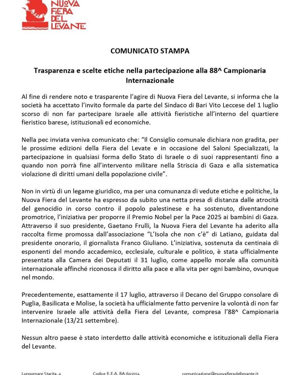 ardigiorgio's tweet photo. La fiera del levante, accogliendo invito del comune di Bari, vieta la partecipazione a Israele. Specificando che tutti gli altri Paesi possono partecipare. Solo Israele no. La Cina che soffoca i bambini si, l'Iran che soffoca le donne si, la Russia che soffoca l'ucraina si. Solo Israele no. Questo è antisemitismo bello e buono. All'ingresso appenderanno un cartello: cani ammessi, ebrei no. A questo punto spero che quest'anno, per la prima edizione nella storia, @GiorgiaMeloni non faccia partecipare governo e presidenza del consiglio a inaugurazione. Vale pure per @adolfo_urso