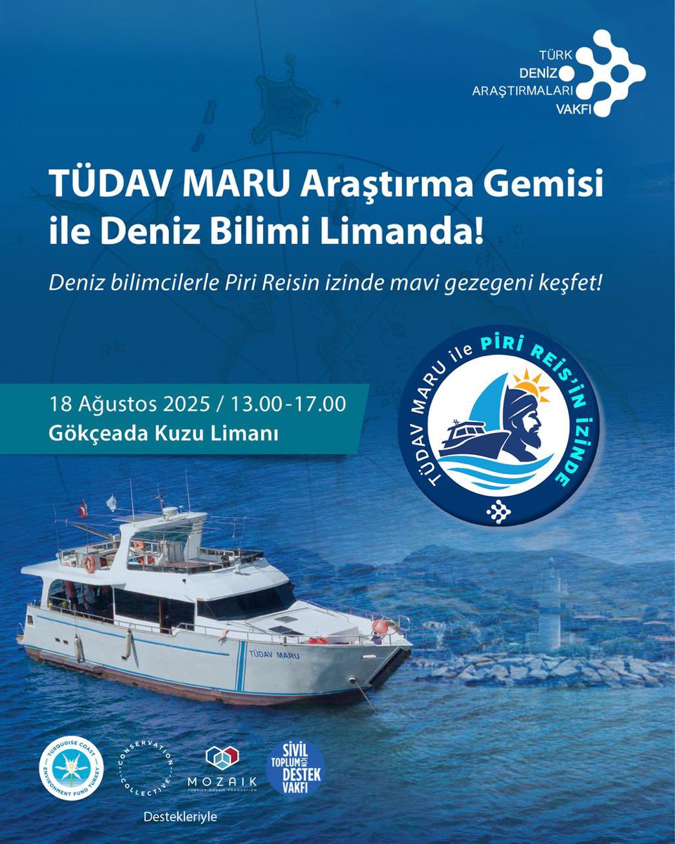 🚢🔬 TÜDAV MARU Araştırma Gemisi Gökçeada’da!

📍 Gökçeada Kuzulimanı
📅 18 Ağustos 2025
🕐 13:00 – 17:00

Bilimsel keşifler için yola çıkan TÜDAV MARU" Piri Reis’in İzinde” projesi kapsamında Gökçeada’ya demirliyor! 🌊
Bu özel günde sizleri deniz bilimini bizlerle birlikte