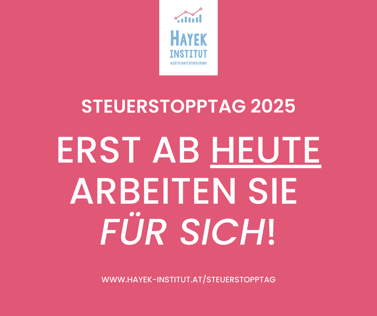 📅 Heute ist #Steuerstopptag 2025.
Das bedeutet: Bis zum 17. August haben die Österreicherinnen und Österreicher ausschließlich für den Staat gearbeitet. Erst ab heute fließt das Einkommen in die eigene Tasche.
👉 Alle Details, Zahlen &amp; Infografiken:
 hayek-institut.at/steuerstopptag