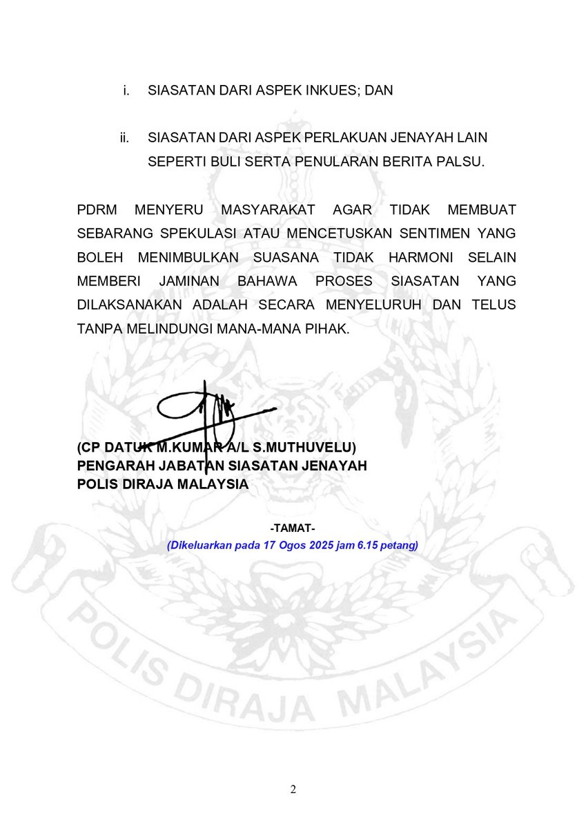 KENYATAAN MEDIA PENGARAH JABATAN SIASATAN JENAYAH

Kertas Siasatan Kes Zara Qairina Bersedia Ditaklimatkan ke Pejabat Peguam Negara.

facebook.com/story.php?stor…