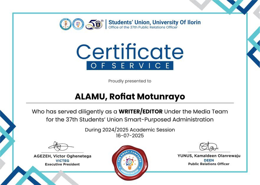 Scribe_Rofeeah's tweet photo. Honored to receive Certificates of Service from the Students’ Union, University of Ilorin for serving as a Writer/Editor &amp; Content Creator under the Media Team, 37th Smart-Purposed Administration. Grateful for the growth, lessons &amp; impact.
@UnilorinNGR @Deen_PR @UilStudentUnion https://t.co/ID6pZ0aStY