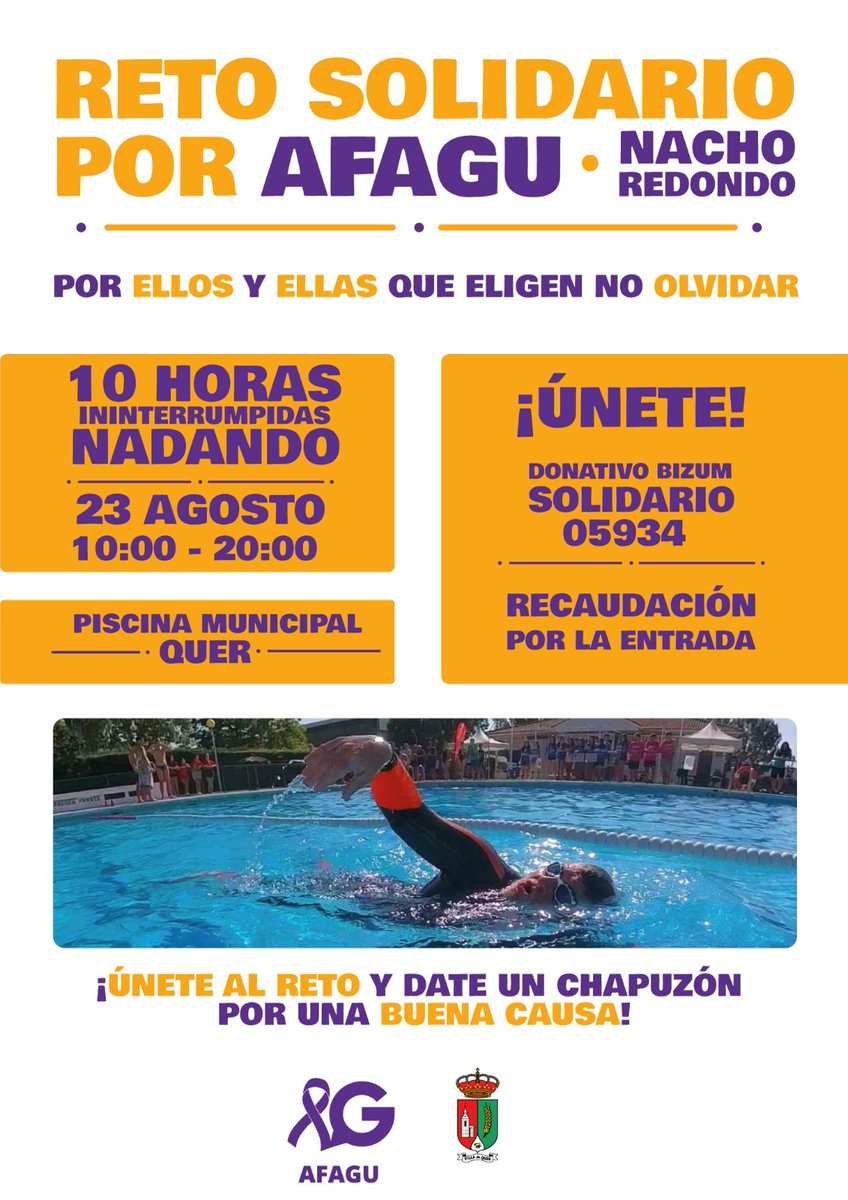 aytoquer's tweet photo. 🏊♂️ Reto Solidario AFAGU 🏊♀️
23/08, 10-20h, Piscina Municipal. 10h nadando con Nacho Redondo.
💧 Entrada solidaria / Bizum 05934 💜
¡Anima, participa y apoya! 🙌
#QuerSolidario #AFAGU #RetoSolidario https://t.co/axNgDkafYY