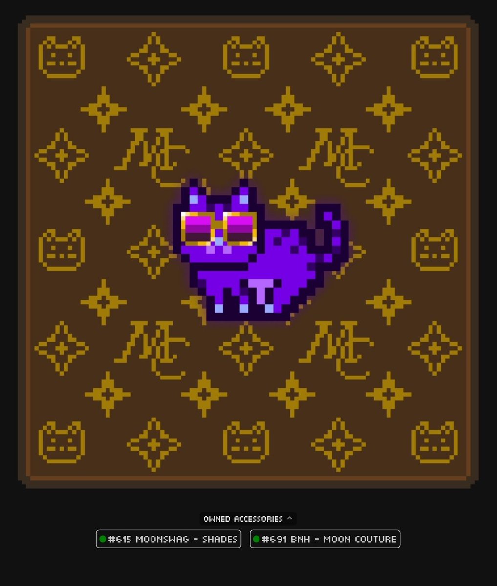 Gm nft legends!

I bought a luxury digital asset called MoonCat holding <a href="/LVMH/">LVMH</a> accessories for 1000eth 🐈💎. 

<a href="/mooncatrescue/">MoonCats</a> are the first ethereum generative art.