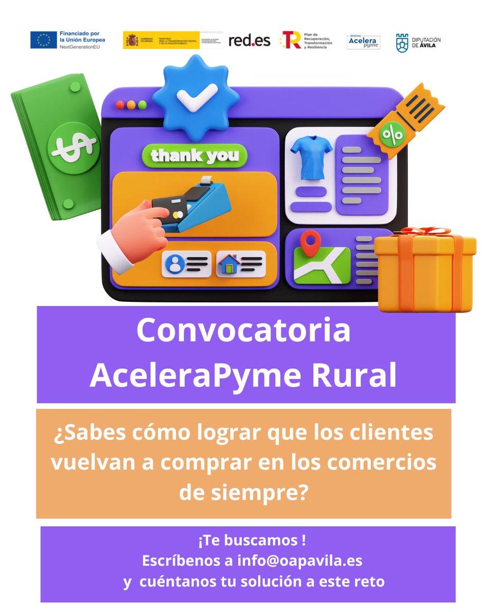 Acelerapyme_AV's tweet photo. 🔑 La fidelización no es magia, es estrategia. Si tienes soluciones para que los clientes vuelvan al comercio de siempre, en #AceleraPymeRural te esperamos.
#diputaciondeavila #OficinasAcelerapyme @redpuntoes @acelerapyme @planderecuperacion https://t.co/VbelPRwRhp https://t.co/y4Af0GWmRI