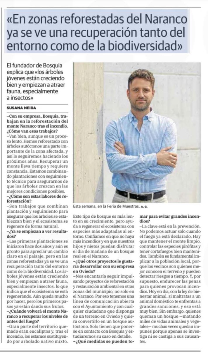 Interesante:

«En zonas reforestadas del Naranco ya se ve una recuperación tanto del entorno como de la biodiversidad»
El fundador de Bosquia explica que «los árboles jóvenes están creciendo bien y empiezan a atraer fauna, especialmente a insectos»