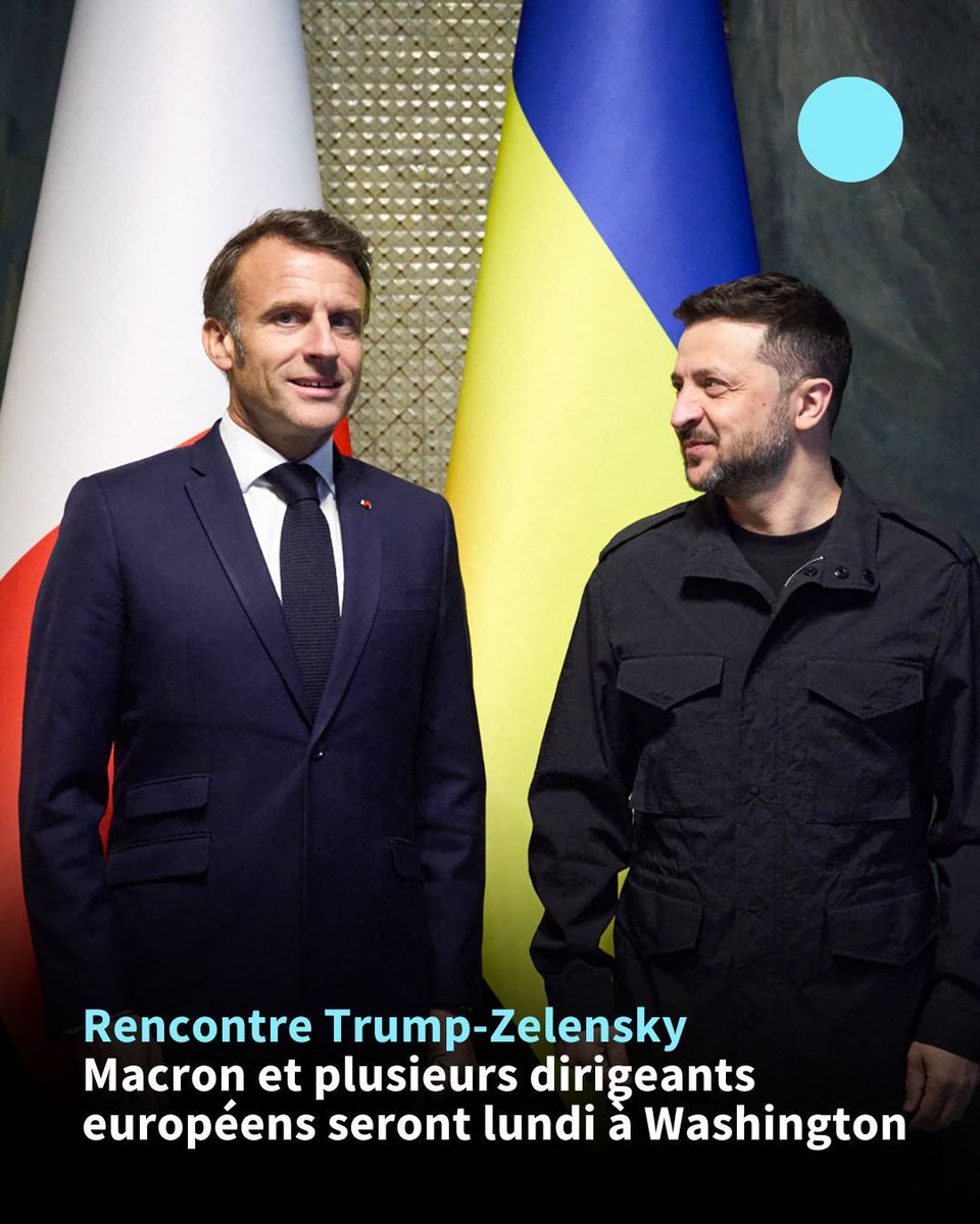 afpfr's tweet photo. Le président français Emmanuel Macron se rendra lundi à Washington, de même que plusieurs autres dirigeants européens, pour accompagner son homologue ukrainien Volodymyr Zelensky lors de sa rencontre avec Donald Trump, a annoncé l'Elysée. https://t.co/zgPaNCQuvc
