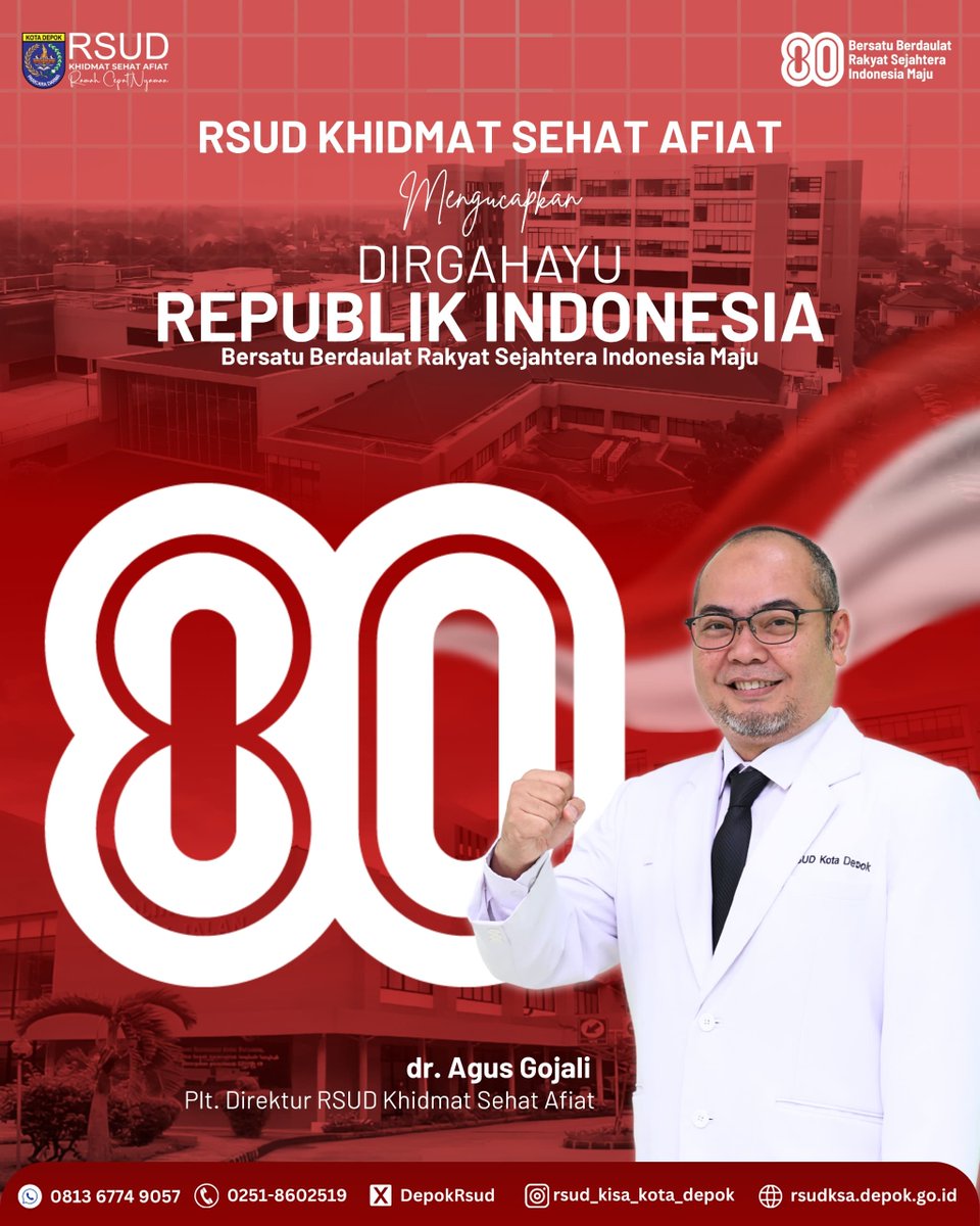 🇮🇩 DIRGAHAYU REPUBLIK INDONESIA KE-80 🇮🇩
"Bersatu Berdaulat, Rakyat Sejahtera, Indonesia Maju"

Dalam Semangat Kemerdekaan, Kami Keluarga Besar RSUD Khidmat Sehat Afiat Mengucapkan :
Selamat HUT RI Ke-80

Mari Terus Kita Jaga Semangat Persatuan dan Gotong Royong