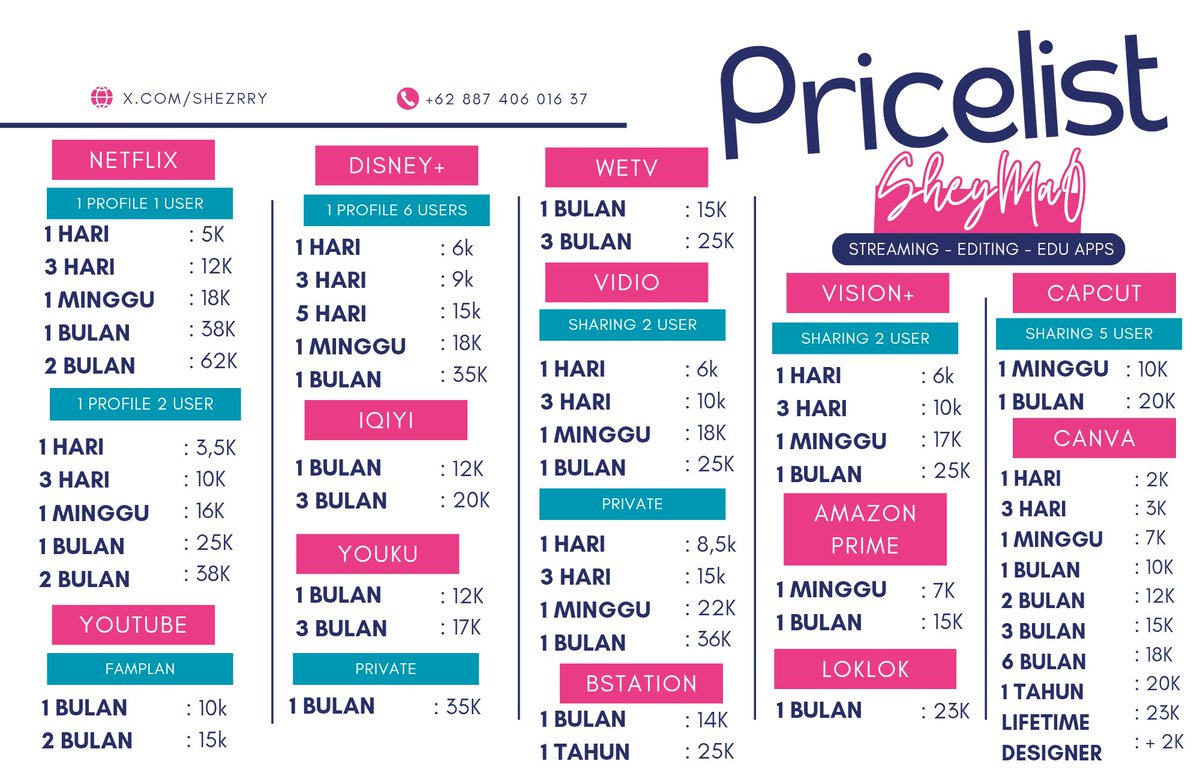 WTB WTS APLIKASI PREMIUM FULL GARANSI MURAH BANYAK PROOFS SAYANG!! 

NETFLIX, DISNEY, VIU, WETV, IQIYI, YOUTUBE, BSTATION, YOUKU, SCRIBD, PRIME, VIDIO, CANVA, BSTATION LOKLOK CAPCUT SEMUA DURASI ❤️‍🩹

ORDERNYA DISINI WA DI BIO LOVE

27-$6 #zonauang