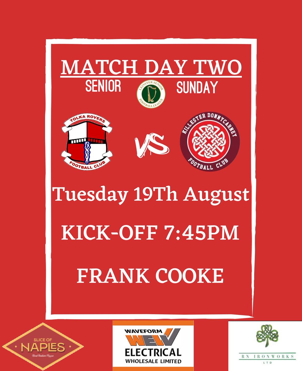 ⚽ Match Day Two – Senior Sunday

🔴⚪ Tolka Rovers vs Killester Donnycarney
📅 Tue 19 Aug | ⏰ 7:45pm | 📍 Frank Cooke

🍺 Bar open 7pm – €5 pints (7–9pm)
📺 Live on StaydiaSports (link shared on matchday)

#TolkaRovers #LSL #UpTheReds