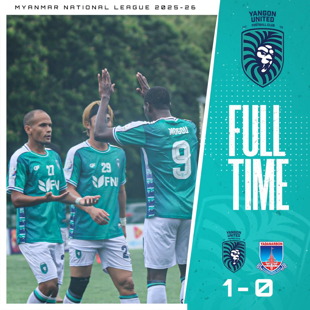 𝐅𝐮𝐥𝐥-𝐓𝐢𝐦𝐞 
Open the new season with three points. 

#YUFC #Yangon #ThisIsYangon #HomeOfYUFC #DreamBigPlayHard #MNL2025/26 #YUFCvsYDNB #fulltime