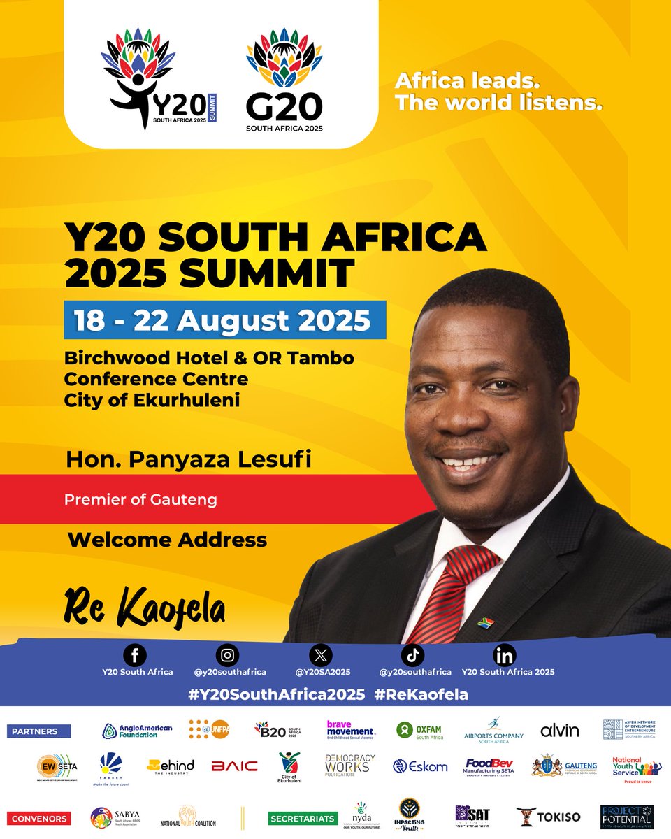 We are excited to begin unveiling speakers for #Y20Summit2025! 

Opening the Summit is Gauteng Premier Panyaza <a href="/Lesufi/">Panyaza Lesufi</a> 🇿🇦 welcoming the world &amp; spotlighting youth in shaping SA’s future + the G20 agenda. 

Stay tuned for more updates ✨

#Y20SA2025 #ReKaofela #Y20Summit2025