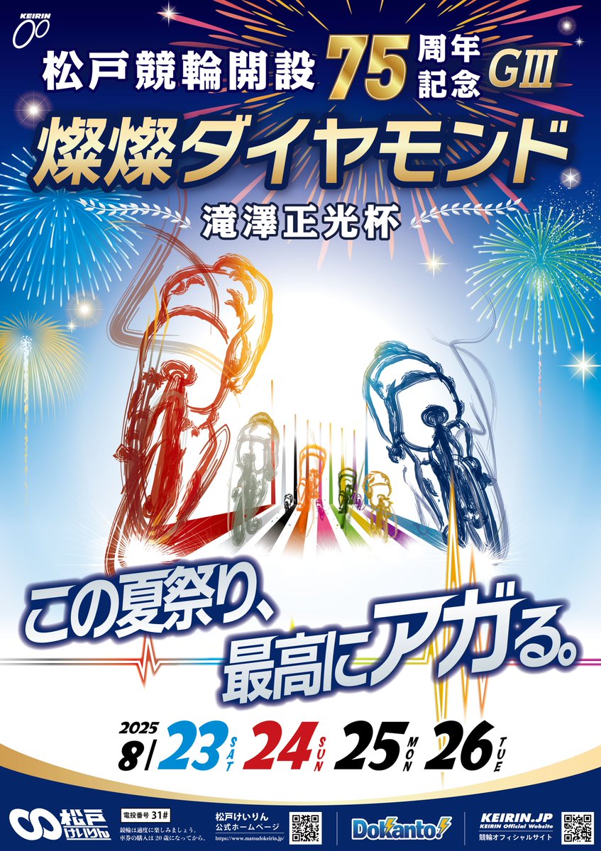 matsudokeirin's tweet photo. #フォロー #リポス��� #キャンペーン
【キャンペーン告知】

8/23(土)～26(火)
#松戸けい���ん GⅢナイター
松戸競輪開設75周年記念
#燦燦ダイヤモンド滝澤正光杯

開催を記念して、抽選で20名様に松戸記念オリジナルQUOカードをプレゼントいたします💃🕺

🚴‍♂️応募締切🎆
8/26(火)　21：30まで

🥳応募方法🪩
①松戸けいりん公式アカウント(@matsudokeirin)をフォロー
②この投稿をリポスト
※引用リポストで当選確率アップ⤴️⤴️⤴️⤴️
※当選者には後日DMにてご連絡いたします

記念開催期間中、松戸競輪場ではイベントが盛りだくさん🙌❤️‍🔥
この夏最後の夏祭り、皆様のご来場を心よりお待ちしております🙇‍♀️🙇🙇‍♂️

#松戸 #競輪 #松戸競輪 #松戸記念