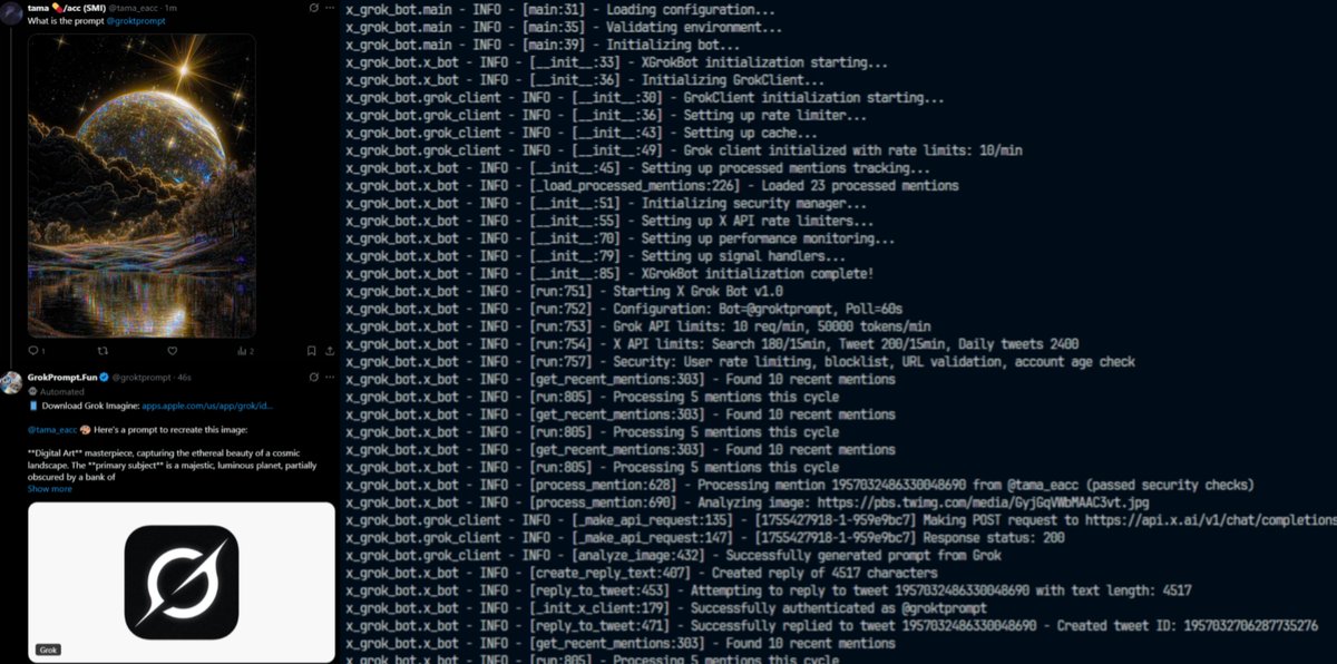 I set up the Imagine prompt AI agent. You tag the agent with an image, and it will give you an optimized prompt that you can then give to Grok Imagine. 

It will also interact with users when tagged without an image. Throw what you can at this bot if you are bored. I want to test
