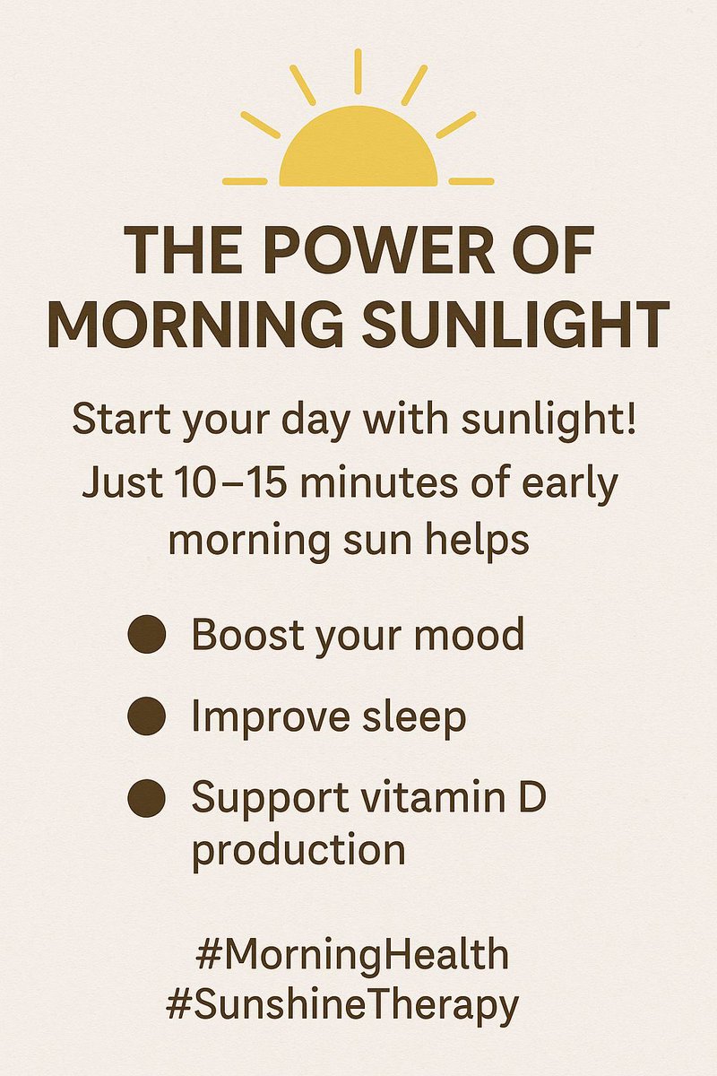 bismarkowusu_'s tweet image. The Power of Morning Sunlight ☀️*

“Start your day with sunlight! 🌞 Just 10–15 minutes of early morning sun helps boost your mood, improve sleep, and support vitamin D production. #MorningHealth #SunshineTherapy”