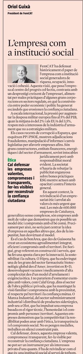 L'empresa com a institució social per Oriol Guixà, president de <a href="/femcat/">FemCAT - Fundació d'Empresaris de Catalunya</a> 
Cal potenciar i reconèixer les persones que s'arrisquen cada dia per generar ocupació, riquesa,  innovació, cohesió, etc. En definitiva que treballen per incrementar el valor del nostre país.