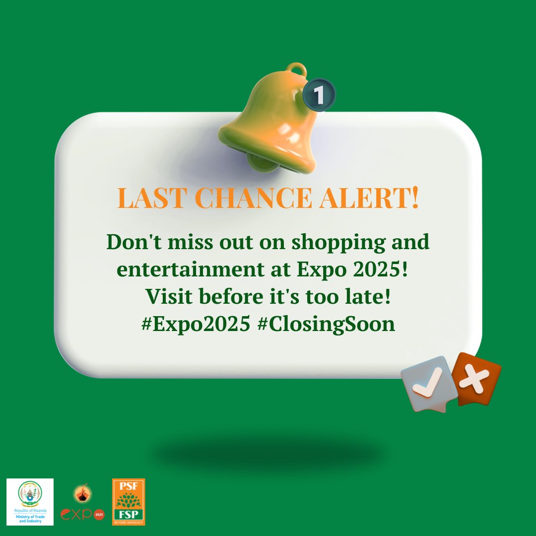 PSF_RWA's tweet image. LAST DAY ALERT! 🚨 Today&apos;s your final chance to experience Expo 2025! 🛍️ Shop amazing products at discounted prices, enjoy thrilling entertainment, fun activities, kids&apos; games, and more! 🎉 Don&apos;t miss out! Come and make the most of it! #Expo2025 #LastDay #FinalHours