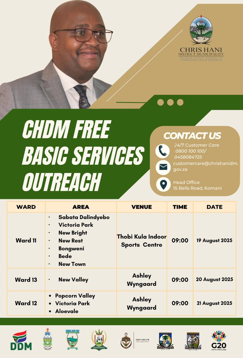 📌CHDM Free Basic Services Outreach Program targeting Enoch Mgijima is starting on the 19 August 2025📸 
#CHDMAtWork 
#ServingOurCommunitiesBetter 
#IndigentRegistrationDrive