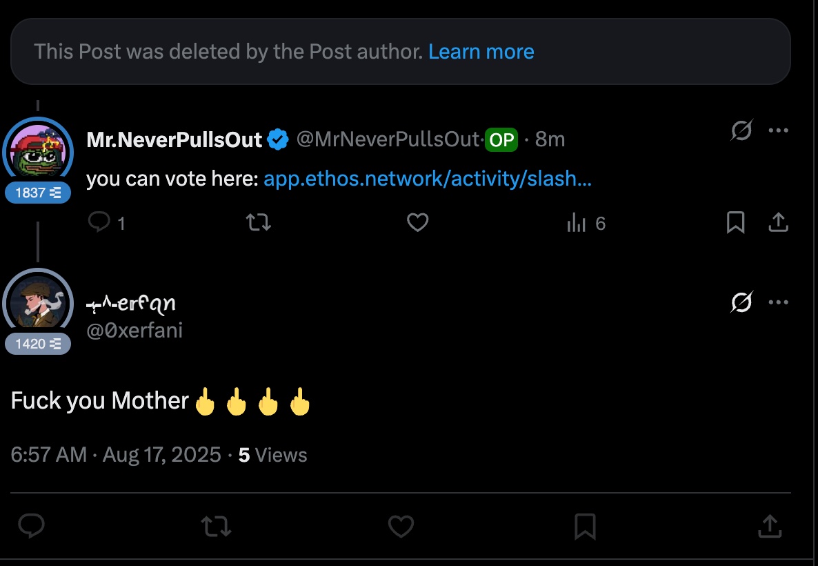 New slash live on <a href="/ethos_network/">Ethos</a> 

app.ethos.network/activity/slash…

If your not pissing some ppl off, your not using ethos correctly