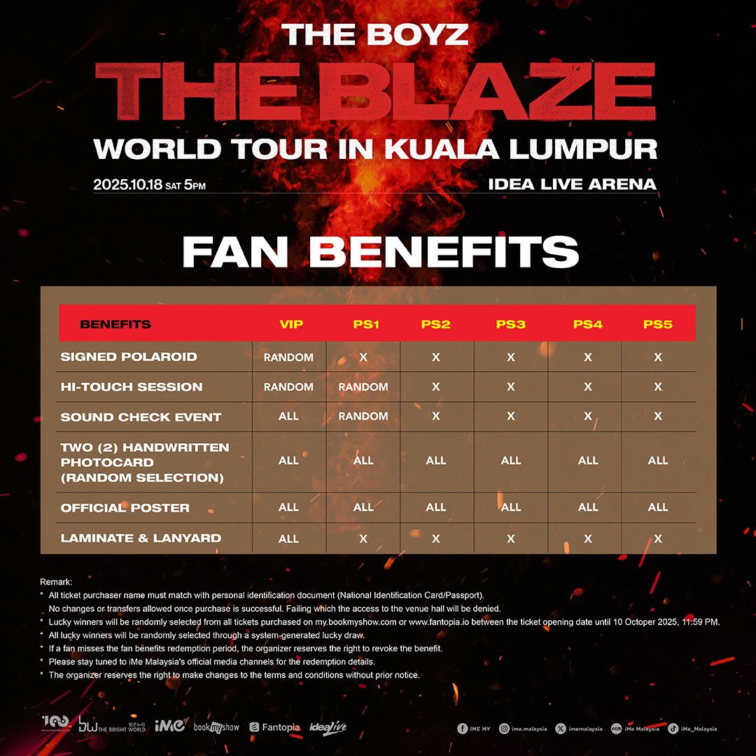 THE BOYZ &lt;THE BLAZE&gt; WORLD TOUR in KUALA LUMPUR 

📅 Date: 18th October 2025 (Saturday)
⏰ Time: 5PM
📍Venue: IDEA LIVE ARENA

*Ticket Sale Information*
Membership Pre-Sale: 19.08.2025 (TUE) 12:00-23:59 (MYT) 
🎫 Membership Pre-Sale Ticketing Website: 🔗ime.bigtix.io