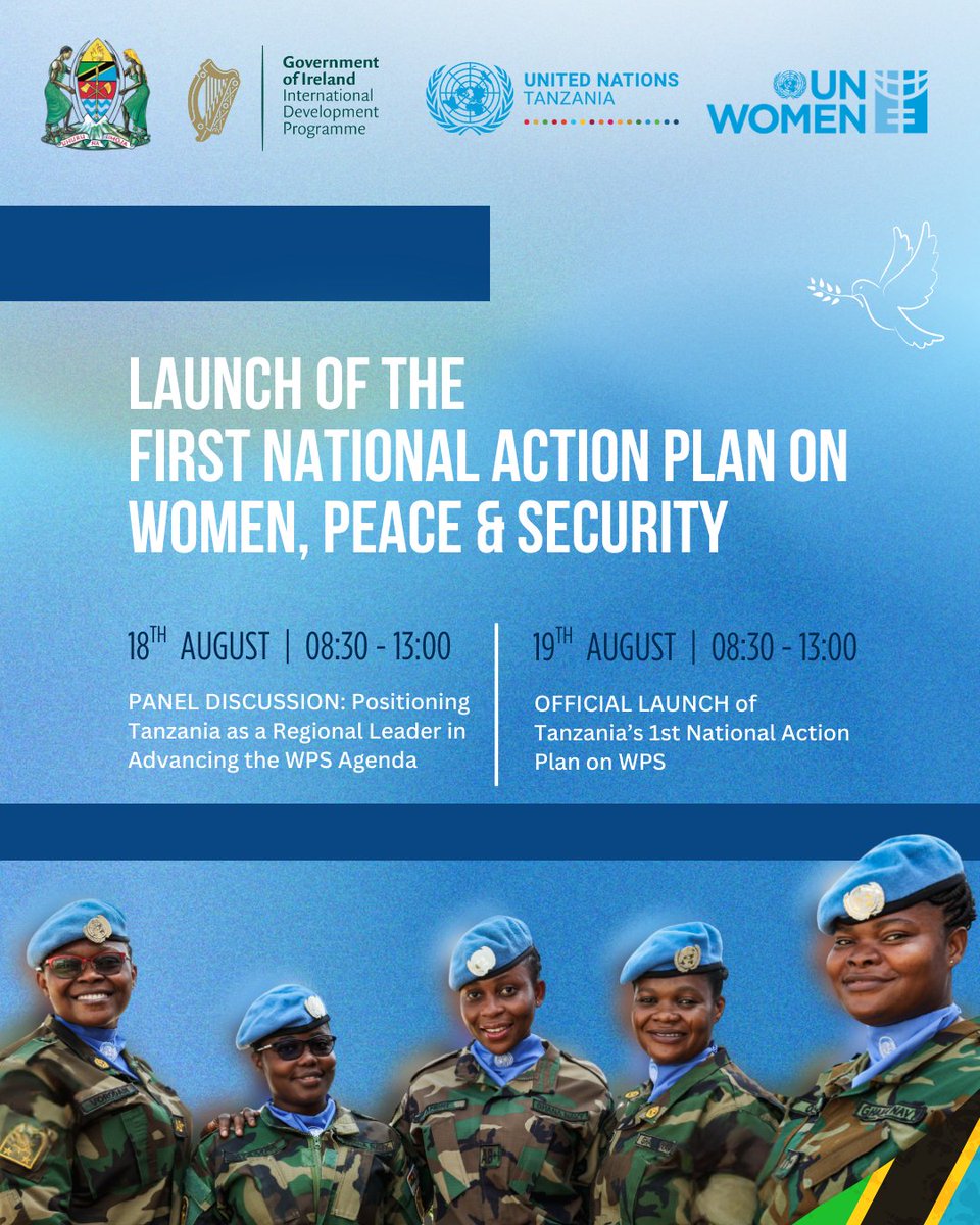 📢 On Tuesday, 19 August, Tanzania will make history with the launch of its first-ever National Action Plan on Women, Peace &amp; Security #TNAP 🇹🇿✨

The Plan seeks to place women’s leadership, participation &amp; protection at the heart of peace &amp; security efforts. 

#UNSCR1325