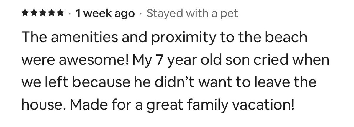 🏡 Airbnb 5 ⭐️ review 

We just got this review from one of our properties….

When the kids are so sad to leave the Airbnb, you know the experience was 5 ⭐️!

Create spaces that help guests create experiences and memories, and the 💰 will follow…