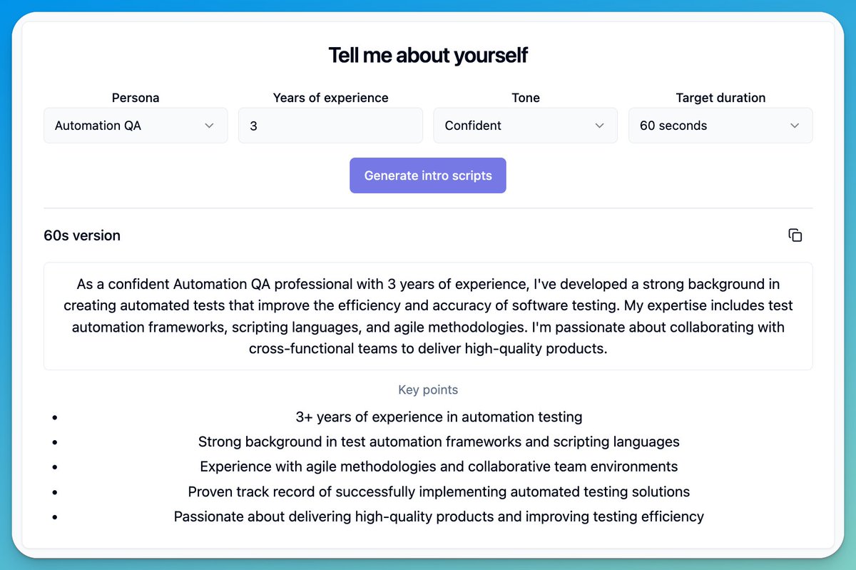 Nail "Tell me about yourself" in 60s 🎤

QAJobFit now generates role‑specific intros for interviews.

Pick persona (e.g., Automation QA)

Set experience + tone, Choose 30/60/90s
Result: confident, concise, ATS‑aligned storytelling for interviews.

#buildinpublic #qa #qajobfit