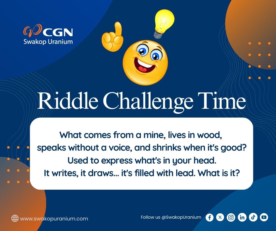 SwakopUranium's tweet photo. ๐ฐ๏ธ Tick Tockโฆ Itโs Riddle OโClock! What comes from a mine, lives in wood, speaks without a voice, and shrinks when it's good? Used to express what's in your head. It writes, it draws... it's filled with lead. What is it? #SwakopUranium #TeamSU ๐ท๐ปโโ๏ธ๐ท๐ป #MoreThanMining #HusabMine https://t.co/xLsGSVLA5E