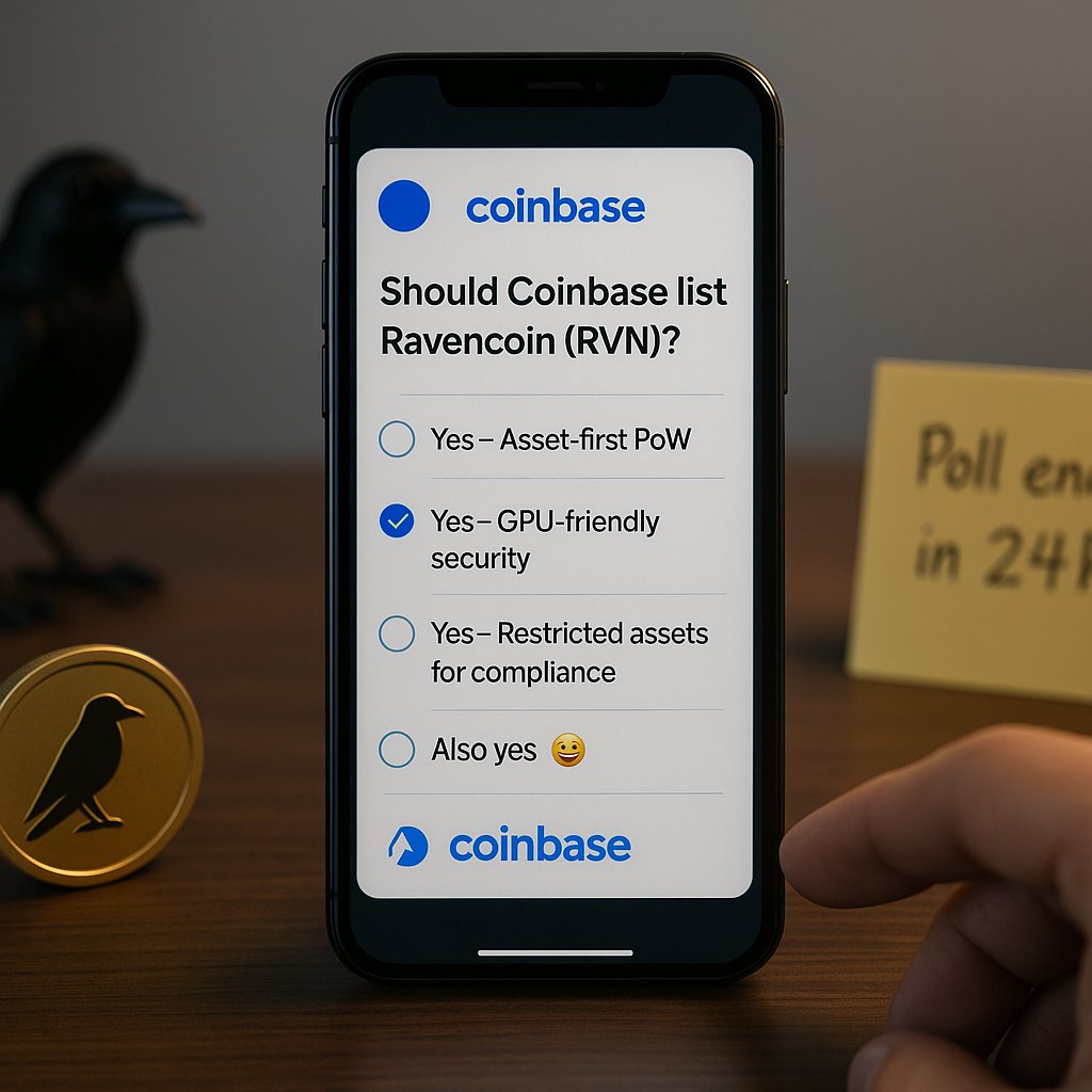 Poll for <a href="/coinbase/">Coinbase 🛡️</a> users: Should Coinbase list #Ravencoin ($RVN)?
A) Yes — asset-first PoW
B) Yes — GPU-friendly security
C) Yes — restricted assets for compliance
D) Also yes 😉

#CoinbaseListing #coinbasesupport #Coinbase #RVN #Web3 #RWA #CryptoNews #CryptoAssets #CryptoTrading
