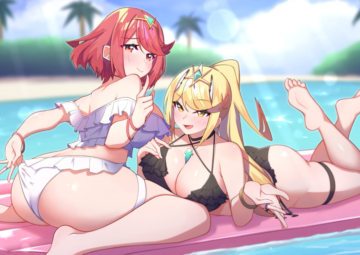 ホムヒカの夏休み
「フフーン、なによレックス見惚れちゃったの？」
「あんまり見つめちゃダメですよ」
#ゼノブレイド2 #XenobladeChronicles2