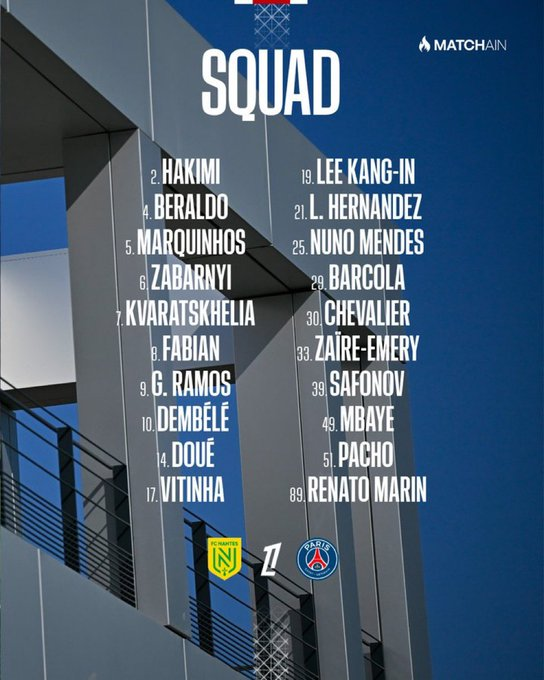 R_PSG_'s tweet photo. 🚨 OFFICIEL ! LE GROUPE DE LUIS ENRIQUE POUR LE PREMIER MATCH DE LIGUE 1  FACE A NANTES! ❤️💙

 Notre nouvelle recrue Zabarnyi est bien présente 😁✅

Joao Neves est lui suspendu ❌
Mayulu se remet de sa blessure 🤕

@PSG_inside 📸 https://t.co/FDdjrbNJq3