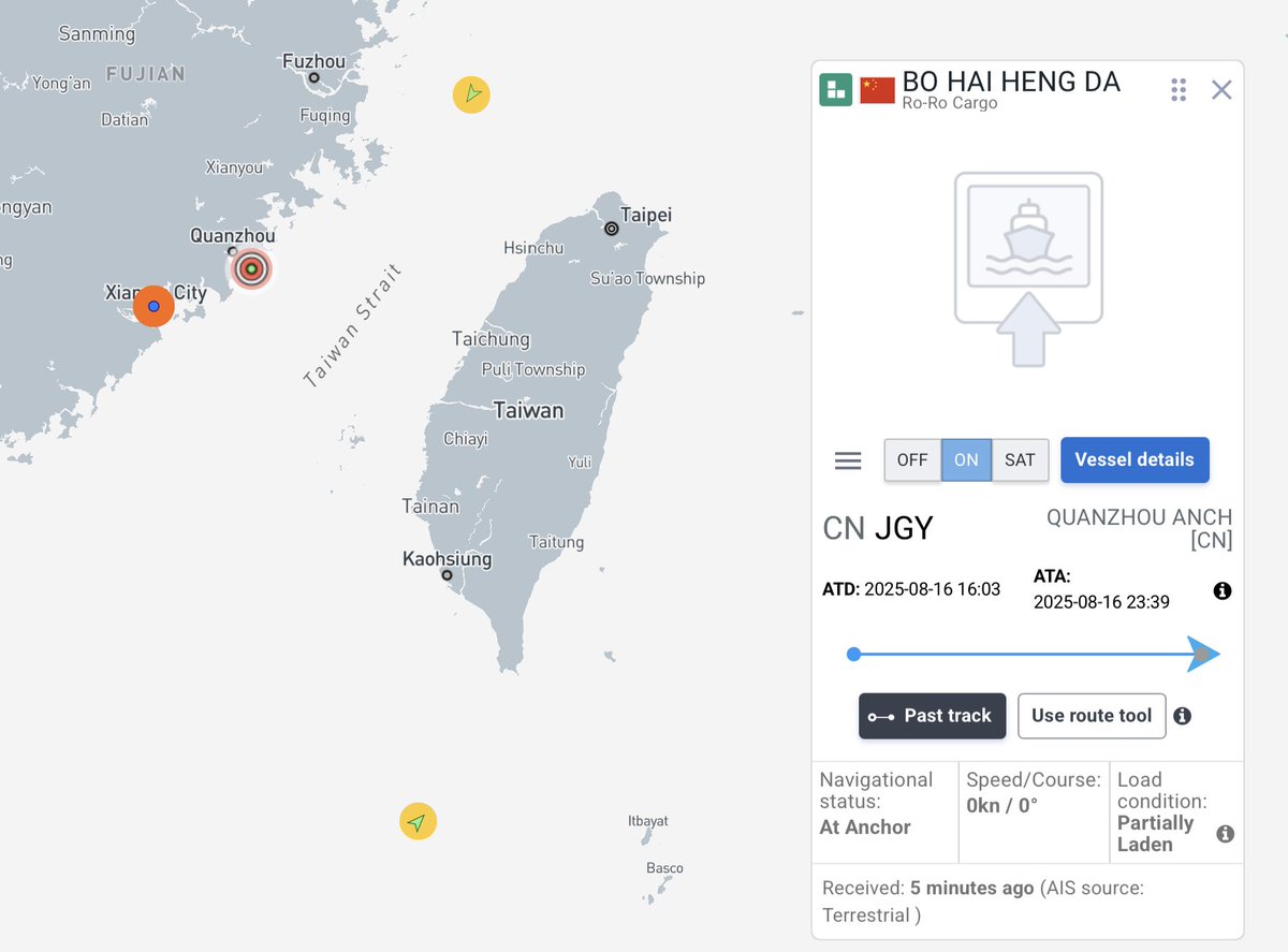 PRC Ferry Alert 🚨🚨🚨

5 Bo Hai ferries (Bo Hai Jing Zhu, Zuan Zhu, Fei Zhu, Bao Zhu, and Zhong Hua Fu Xing) have left their normal routes on the Yellow Sea and are headed south. Bo Hai Heng Da is already operating across from Taiwan.

Probably an exercise, but 🤷‍♂️.