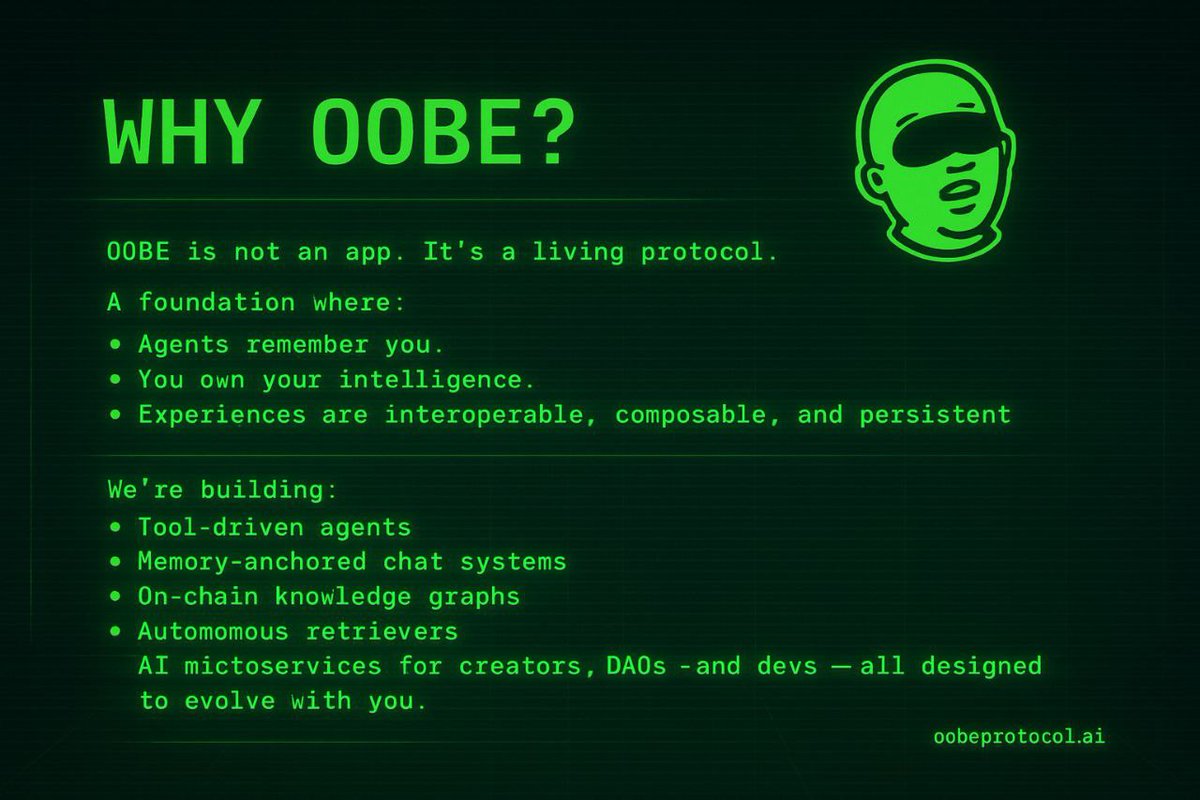 out of body experience | $OOBE (@oobeonsol) on Twitter photo GM Sunday ☀️
<a href="/OOBEonSol/">out of body experience | $OOBE</a> isn’t just an app — it’s a living protocol. 🔮
Agents that remember you.
Intelligence you actually own.
Experiences that last + evolve.
The future is composable, persistent, and on-chain. $OOBE GM Sunday ☀️
<a href="/OOBEonSol/">out of body experience | $OOBE</a> isn’t just an app — it’s a living protocol. 🔮
Agents that remember you.
Intelligence you actually own.
Experiences that last + evolve.
The future is composable, persistent, and on-chain. $OOBE