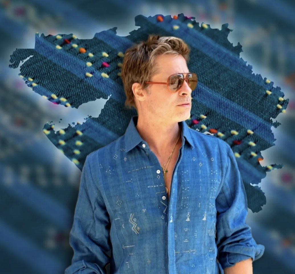 Brad Pitt supporting Gujarat’s traditional craftsmanship by wearing a Tangaliya shirt. 

Tangaliya is a 700-year-old weaving tradition from Surendranagar, known for its intricate hand-twisted dots and detailed patterns.