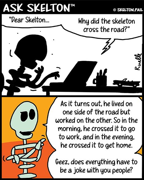 Skeltonfail's tweet photo. Skelton – At the Crossroads🚶
#skelton #notfail #comics #webcomic #comicstrip #skeleton #dearskelton #why #chicken #cross #road #whydidthechickencrosstheroad https://t.co/0g3WOabWbw