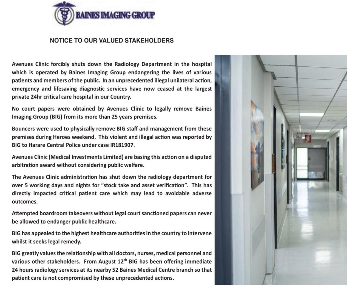 Baines Imaging Group (BIG) says Avenues Clinic forced them to shut down their radiology department without a court order. Security guards reportedly removed their staff, and the hospital stopped radiology services for days, which they say puts patients at risk.

BIG argues this