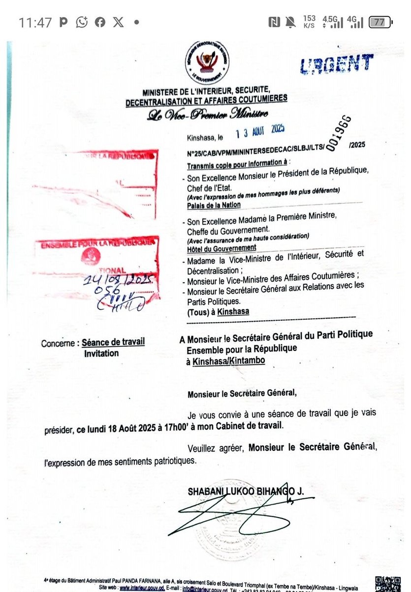 "Le SG du  Parti politique #Ensemble est invité en une séance de travail qui sera présidé par le VPM <a href="/shabani_lukoo/">SHABANI Lukoo J.</a> ministre de l'intérieur, sécurité... dans son cabinet de travail à Kinshasa/ Lingwala ce lundi 18 août, la rencontre aurait un caractère  urgent." <a href="/paddoubonolino1/">paddou bonolinoli</a>