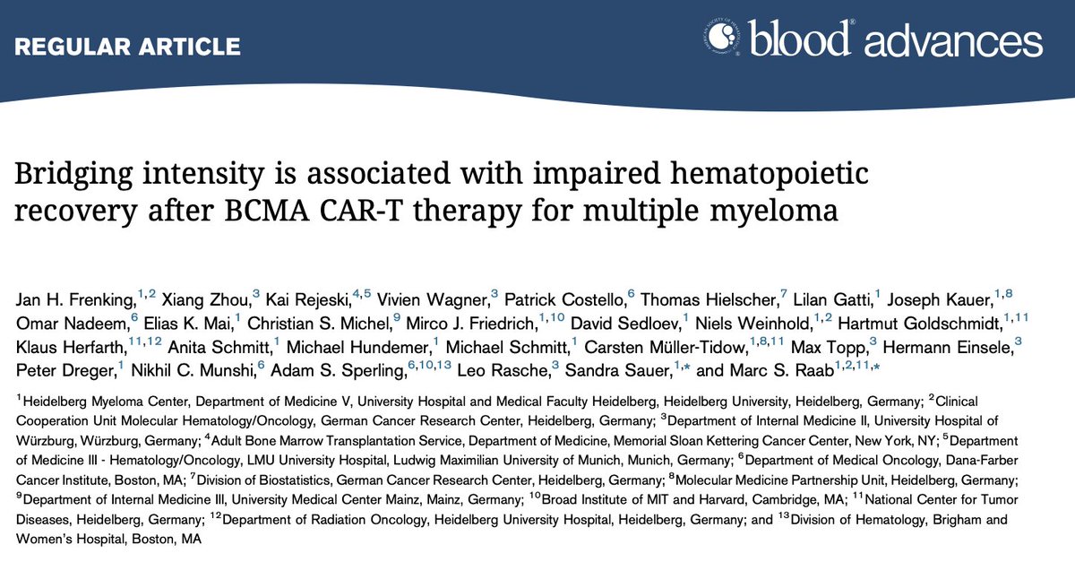 Rahul Banerjee, MD, FACP (@rahulbanerjeemd) on Twitter photo 1/ New <a href="/BloodAdvances/">Blood Advances</a> treasure trove of 🇩🇪 🇺🇸 data about bridging before CAR-T in #MMsm.
Bigger is not better when it comes to bridging using chemotherapy...
Worse post-CAR-T efficacy (unsurprising: tumor biology as confounder) but also clearly worse cytopenias & infections! 1/ New <a href="/BloodAdvances/">Blood Advances</a> treasure trove of 🇩🇪 🇺🇸 data about bridging before CAR-T in #MMsm.
Bigger is not better when it comes to bridging using chemotherapy...
Worse post-CAR-T efficacy (unsurprising: tumor biology as confounder) but also clearly worse cytopenias & infections!