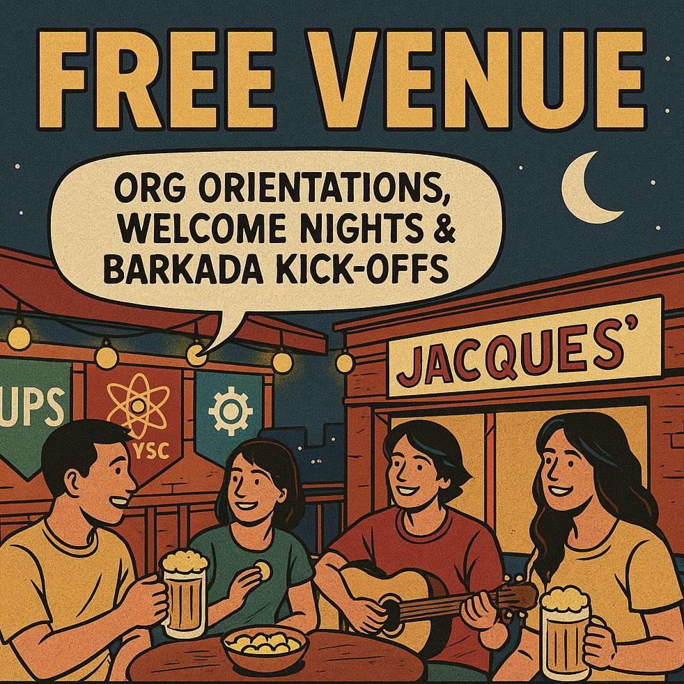 🚨FREE VENUE for Org Orientations!

FREE VENUE na, may food pa — kami na bahala. Ang kailangan nyo lang? Pumunta at magdala ng projector. 🎥🍻
