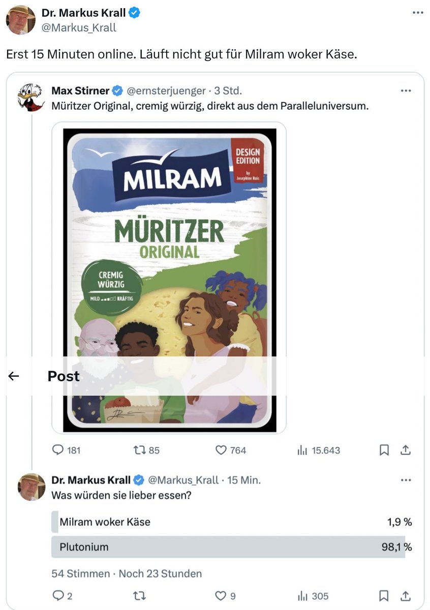 uersel_fuhrer's tweet photo. Rassisten wollen lieber Plutonium fressen.
Man sollte ihnen dabei nicht im Weg stehen.
#Milram #DesignEdition https://t.co/HeTY5OjeuI