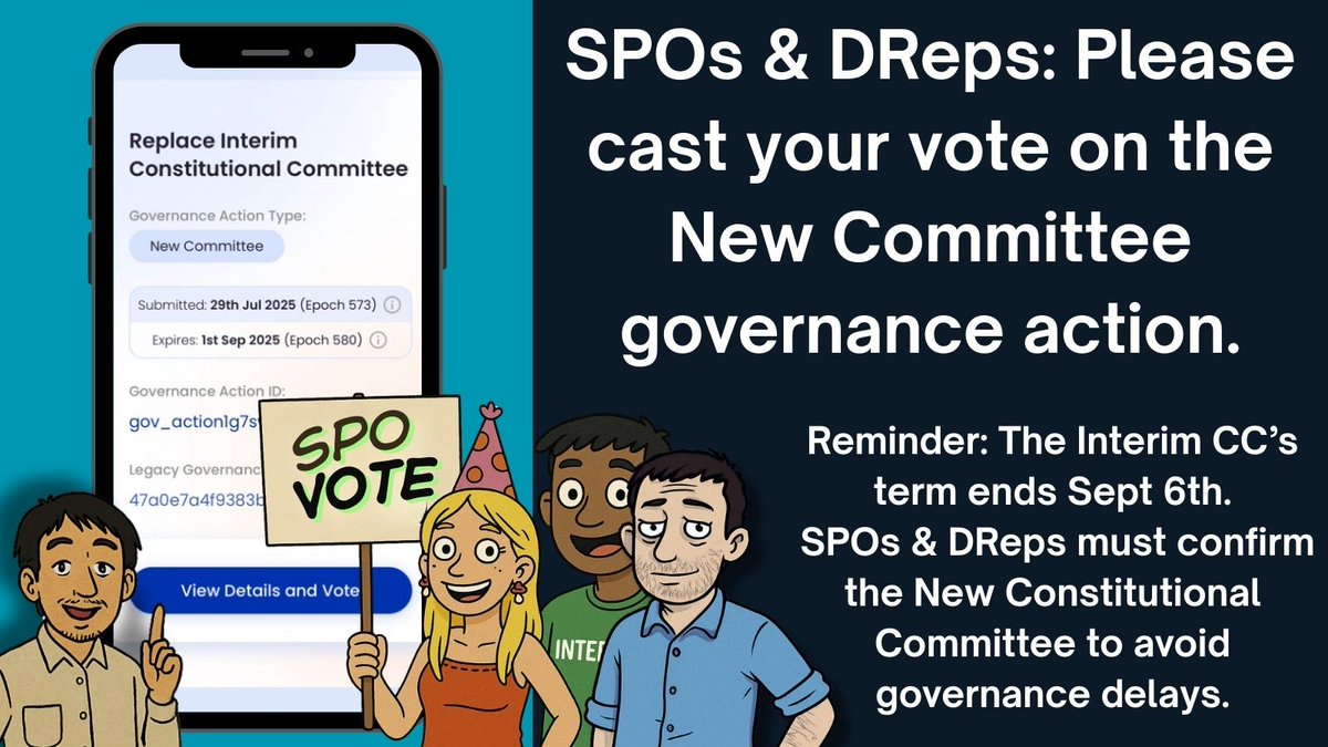 LallyMcClay (@lallymcclay) on Twitter photo 🚨 Next up 🚨 
SPOs & DReps  - your votes are needed on the New Committee governance action.
This action is critical to pass before the Interim CC expires, or all governance actions could face delays.
gov.tools/governance_act… 🚨 Next up 🚨 
SPOs & DReps  - your votes are needed on the New Committee governance action.
This action is critical to pass before the Interim CC expires, or all governance actions could face delays.
gov.tools/governance_act…
