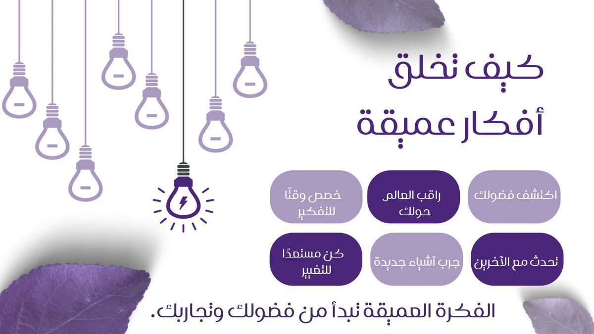 tahani_mhmad's tweet image. كيف تولد فكرة عميقة؟

✨ اكتشف فضولك  
اسأل نفسك أسئلة جديدة. لماذا يحدث هذا؟ كيف يمكن تحسينه؟

✨ راقب العالم حولك  
انتبه للتفاصيل الصغيرة. الفكرة العميقة قد تكون في شيء يبدو عاديًا.

✨ خصص وقتًا للتفكير  
اجلس في هدوء وتأمل في أفكارك. اكتب ما يخطر على بالك.

✨ تحدث مع…