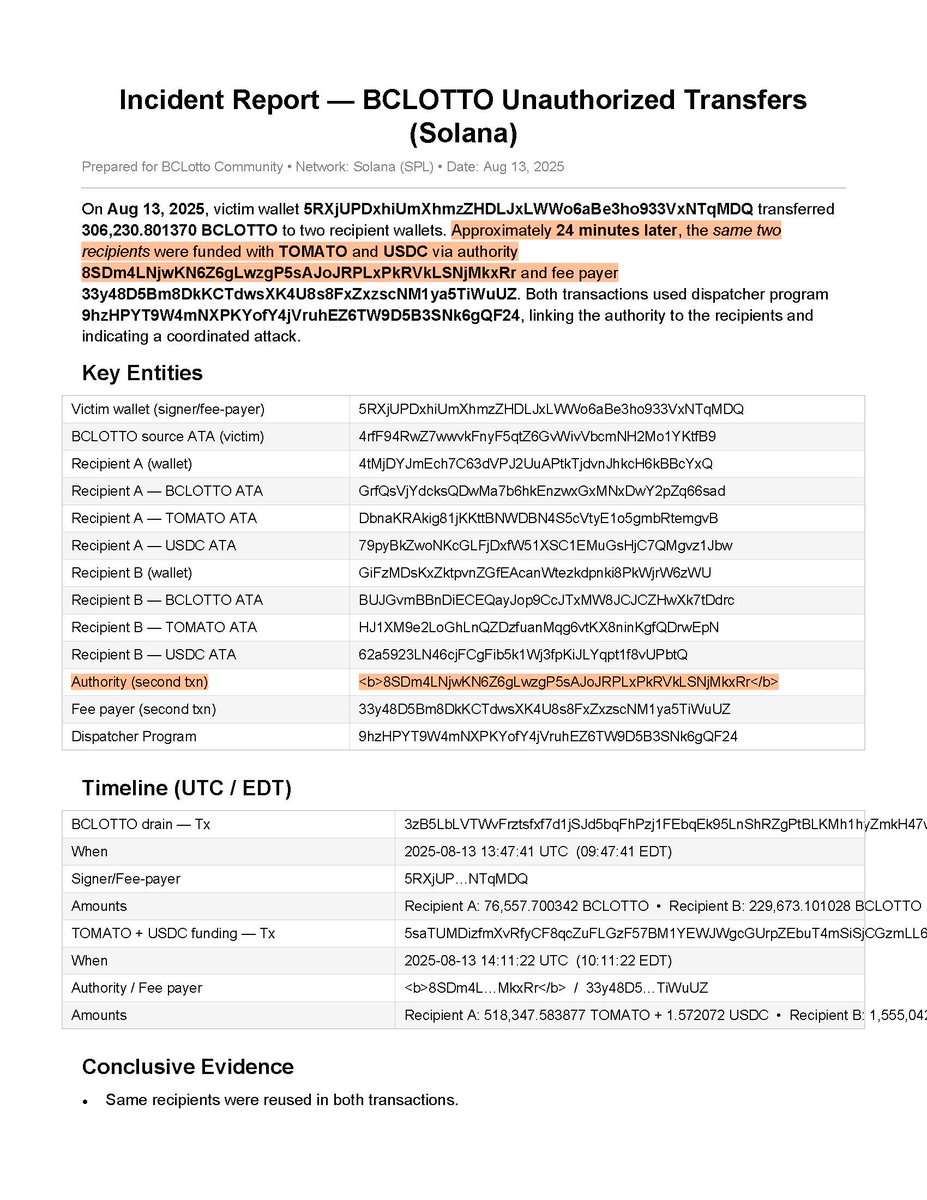 BTCLottoLLC's tweet photo. 🚨BREAKING: With help/support @gufronmmm(CONGRATS!), we’ve traced the heist to 8SDm4L…MkxRr. Same recipients minutes after the BCLOTTO drain via the same program—on-chain proof. Reported aliases @nikolasxbt @crypto_zuidit @delpinns @xxabaaoi. Evidence sent to exchanges. #BCLOTTO https://t.co/3XObsZJ2SW
