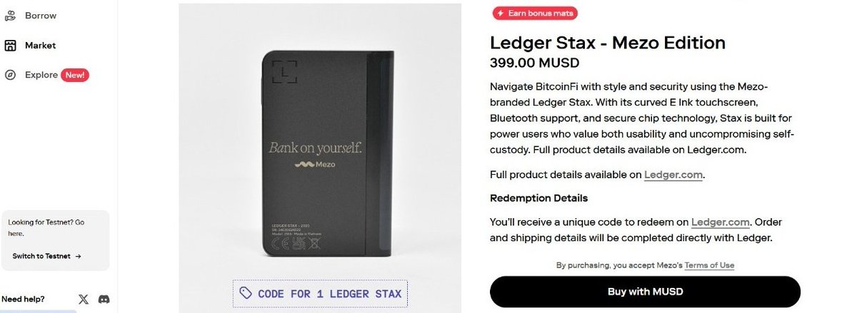 aditya23eth's tweet photo. Let's explore the Mezo mainnet with me and sshhhh🤫 we will buy a Ledger Stax - Mezo Edition 🦆🍄 

1. Just Jump into  https://t.co/FzduK0UtBf and connect the btc wallet ex- Unisat. 
Put btc on collateral.

2.  Remember to minimize the liquidation risk, collateralised above 150%+ to create a buffer against the fluctuations. 

3. Lock #BTC and  Borrow $MUSD at fixed rates starting at 1% , 
You guys might be wondering is the stablecoin centralized? 
The answer is NO, the stablecoin is fully backed by bitcoin so no centralized custody. 

4. Head over to https://t.co/DfV9boTSWG to buy the item, you will get a code to redeem and boooommm you are done. 

If you guys think it's too much amount to put into collateral well, I've another option for you. 

1. Select evm wallet then Buy MUSD on eth chain, I'm sharing the contact below and pls cross check for safety. 
Mezo USD (MUSD) - eth contract 0xdD468A1DDc392dcdbEf6db6e34E89AA338F9F186

2- Head over to  https://t.co/UiSNb51Q4n
And bridge from eth MUSD to mezo MUSD , ps -  please enable gas on mezo.  That's it,  now you can buy that Ledger stax - mezo edition. 

Bank on yourself 🍄⚡