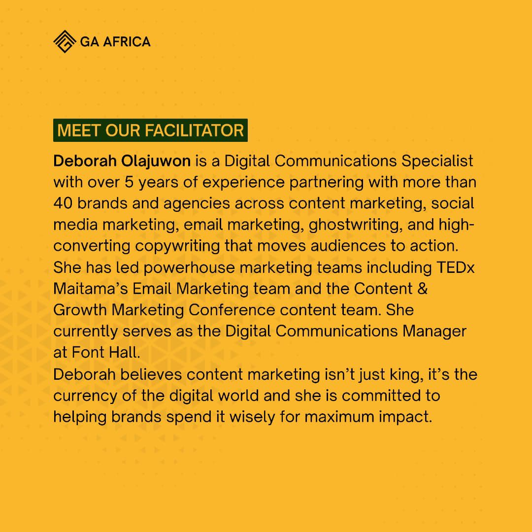 GAAfrica_'s tweet photo. Meet the amazing Deborah Olajuwon, leading our Content Marketing track! 🎉

With 5 years of experience,  Deborah will guide you to professional-level content creation. 

Did you know? Content Marketing generates 3x more leads than traditional marketing. https://t.co/Xz5EIP3ocl