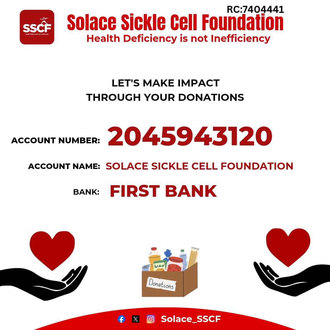 Solace_SSCF's tweet image. 💚 Support sickle cell warriors today!
Solace Sickle Cell Foundation is helping patients through awareness, care, and hope, but we can’t do it alone.
🙏 Your donation can change a life.
📩 Please Donate into:
 2045943120
First Bank of Nigeria 
Solace Sickle cell foundation
#SSCF