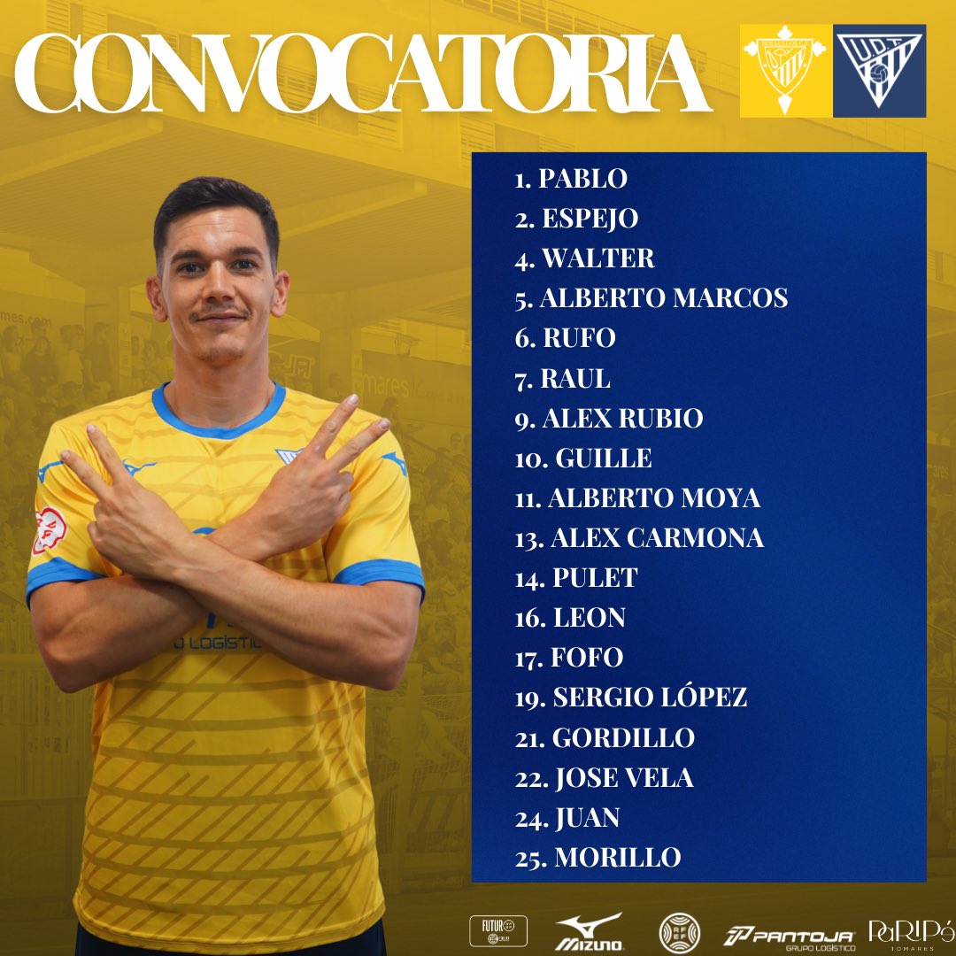 UD_Tomares's tweet photo. 📋 𝗖𝗢𝗡𝗩𝗢𝗖𝗔𝗧𝗢𝗥𝗜𝗔 | Lista de convocados para el partido de ida de los cuartos de la #CopaRFAF.💛

#AquiEstamosOtraVez #QueremosLaCopa https://t.co/tXQc4AYNr2