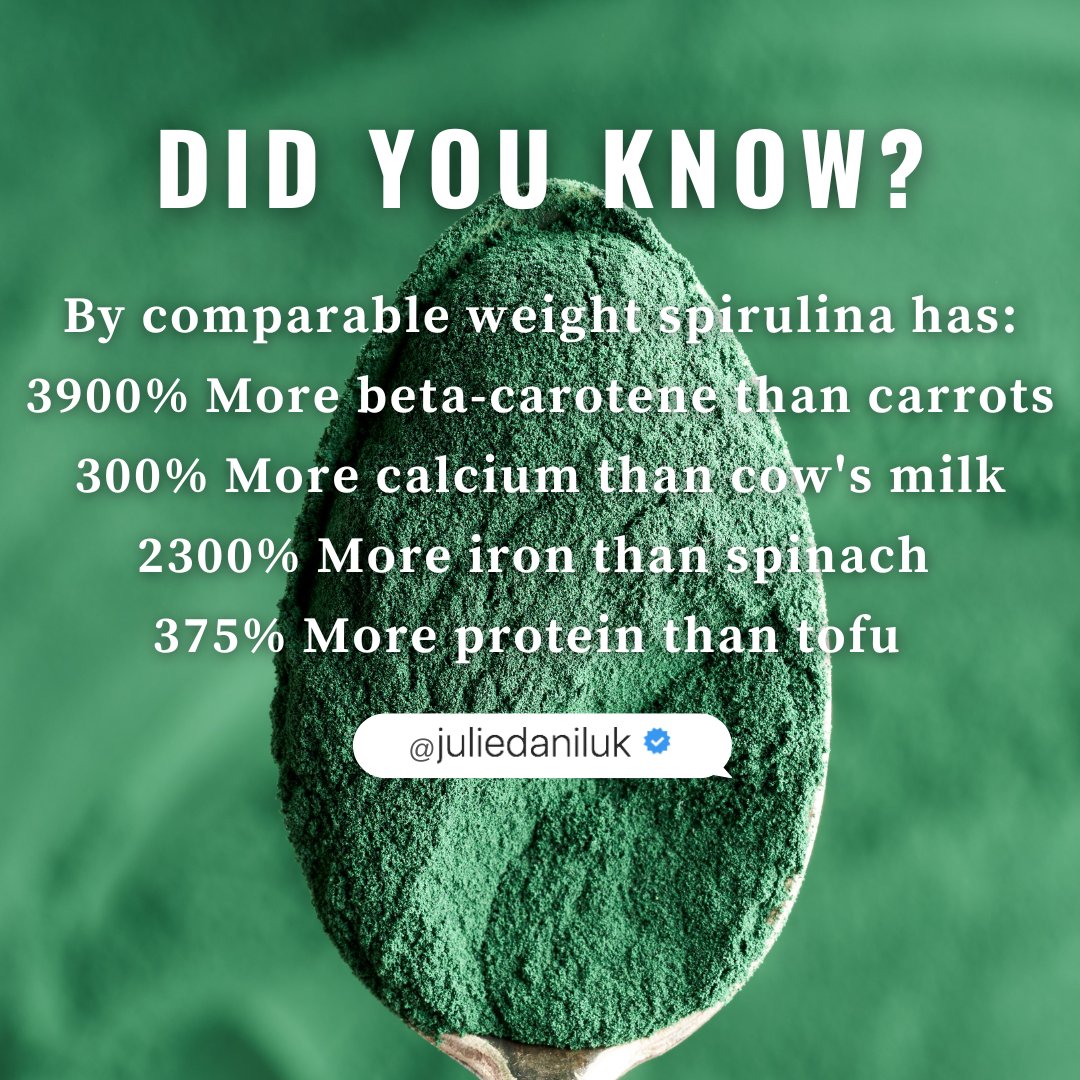 #Spirulina = the King of #Superfoods 👑
Packed with #antiinflammatory power, antioxidants, &amp; nutrients that crush carrots, tofu, milk &amp; spinach 🥕🥛🌱.
Imagine what a whole arsenal of foods like this could do 🚀
Join my Anti-Inflammatory Food Masterclass: juliedaniluk.com/AI-food-master…