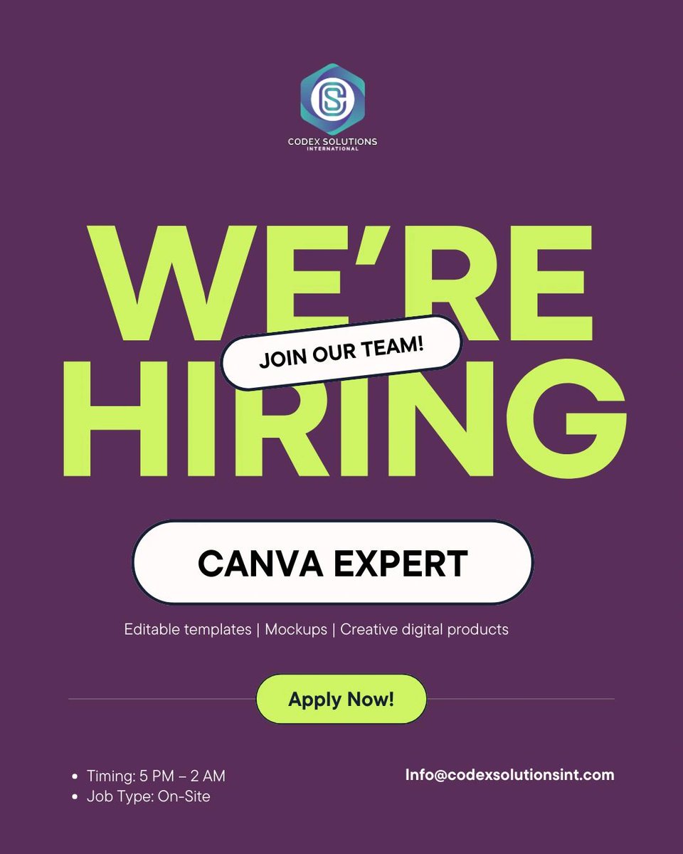 solutions_codex's tweet image. 🚨 Hiring Canva Guru! Bring your design skills to the next level with us. Create killer templates, mockups, and more. If you're a Canva pro with a creative edge, we want you. Apply now! #DesignJobs #CreativeCareers