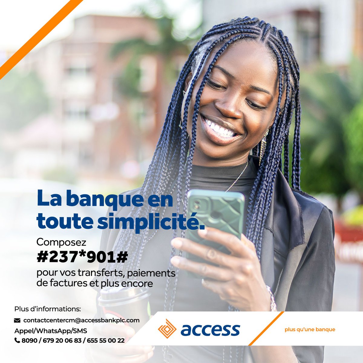 AccessBankCmr's tweet photo. Votre banque est désormais dans votre poche. Composez #237*901# et profitez des services bancaires instantanés et sécurisés, où que vous soyez.
---

Your bank is now in your pocket. Dial #237*901# and enjoy instant, secure banking from anywhere.

#USSD
#UnlockMore
#MoreThanBanking 
#PlusQuUneBanque 
#AccessBankCameroon